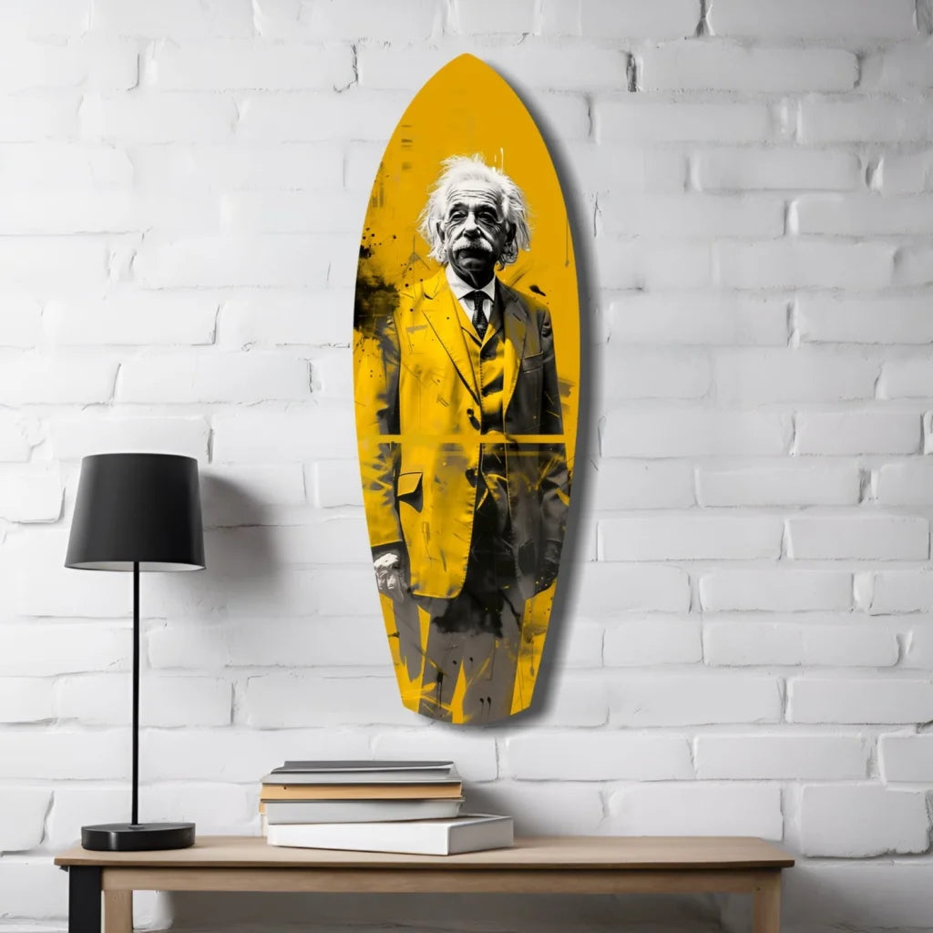 Vibrant yellow Einstein surfboard tempered glass art with B&W portrait