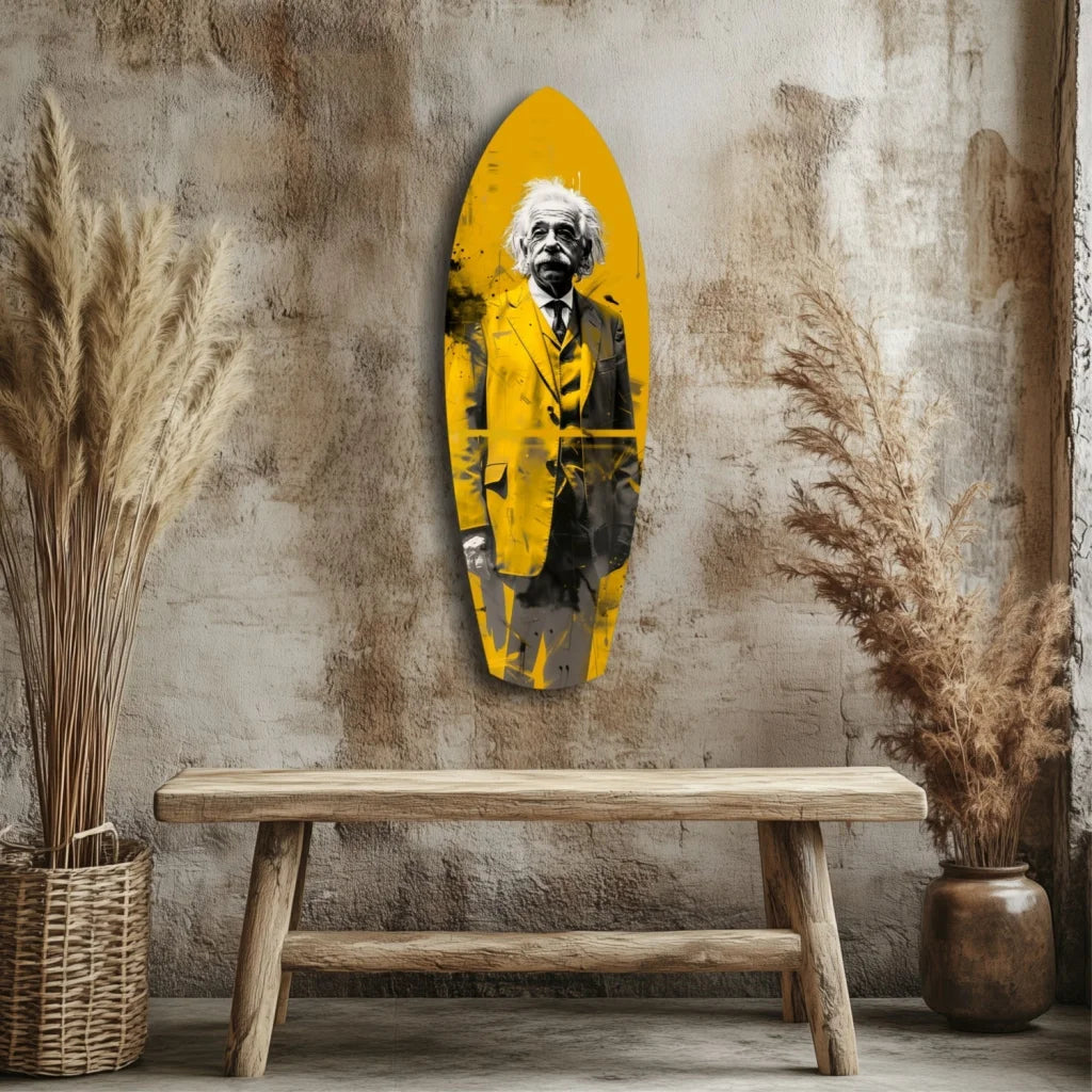 Vibrant yellow Einstein surfboard tempered glass art portrait