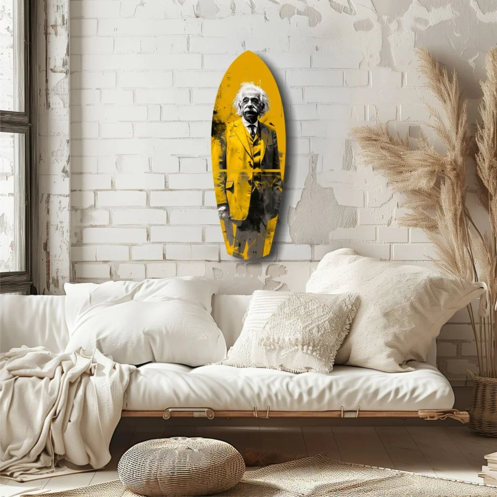 Vibrant yellow tempered glass art of Einstein on surfboard shape