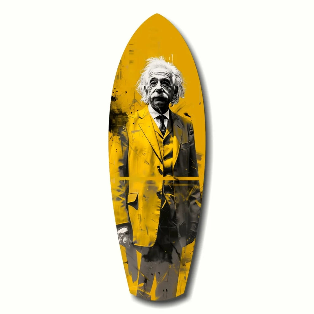 Vibrant yellow tempered glass art surfboard with Einstein portrait