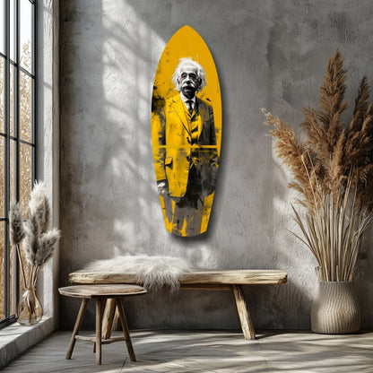 Vibrant yellow Einstein surfboard tempered glass art with bold B&W portrait