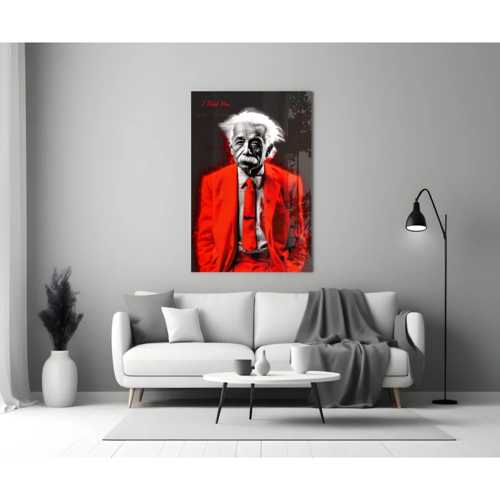 Einstein red leather jacket glass wall art poster with white text accents