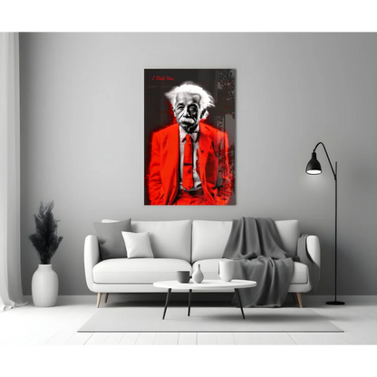 Einstein red leather jacket glass wall art poster with white text accents