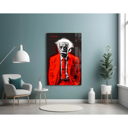 Einstein in red leather jacket glass wall art print
