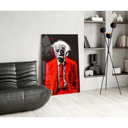 Red leather couch with black stitching on Einstein glass wall art