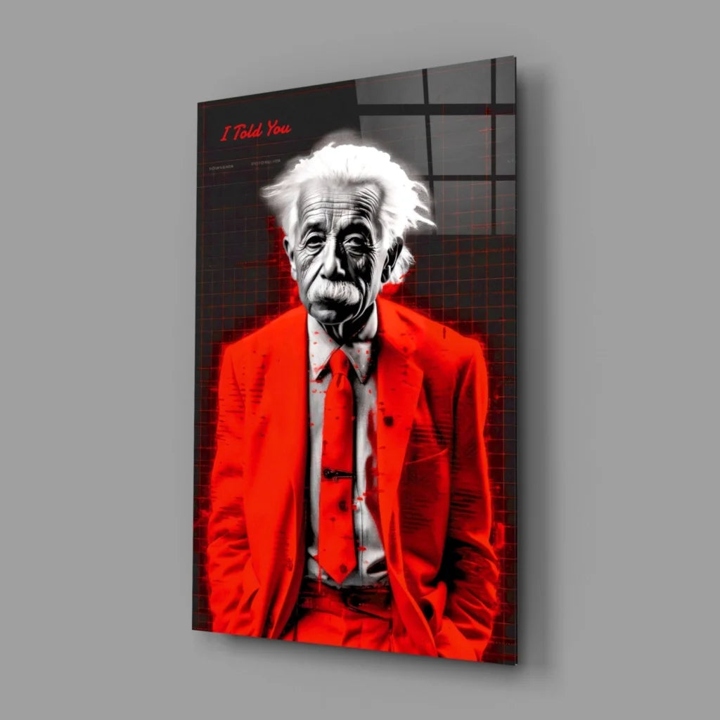 Red suit Albert Einstein on glass wall art poster