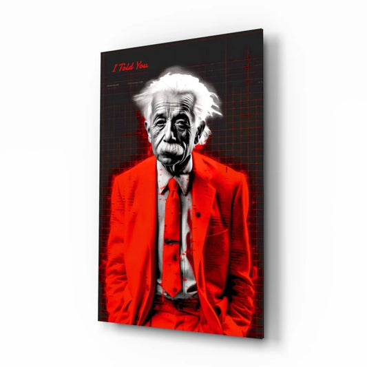 Einstein red leather jacket glass wall art poster on black background