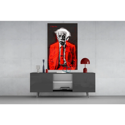 Einstein red leather jacket glass wall art with suit and tie