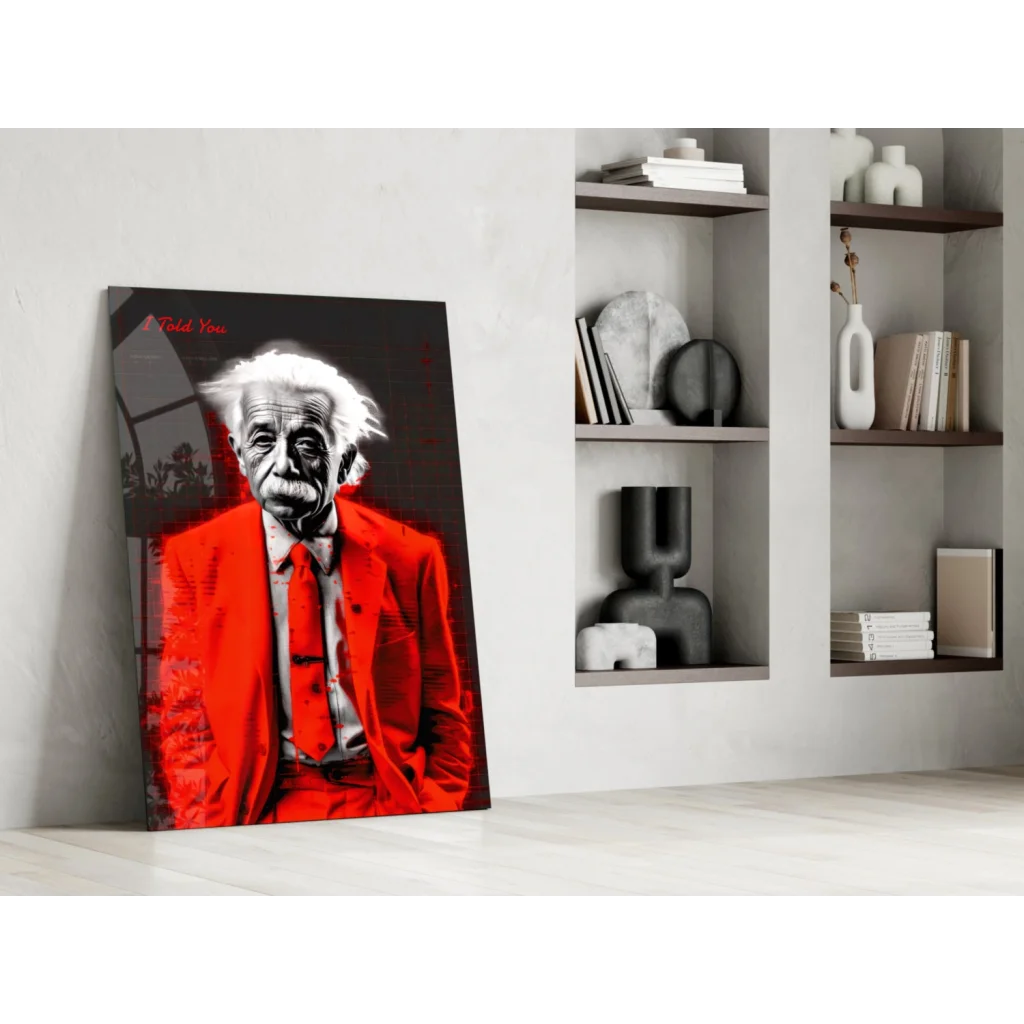 Einstein red leather jacket glass wall art on canvas print