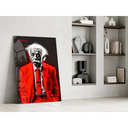 Einstein red leather jacket glass wall art on canvas print