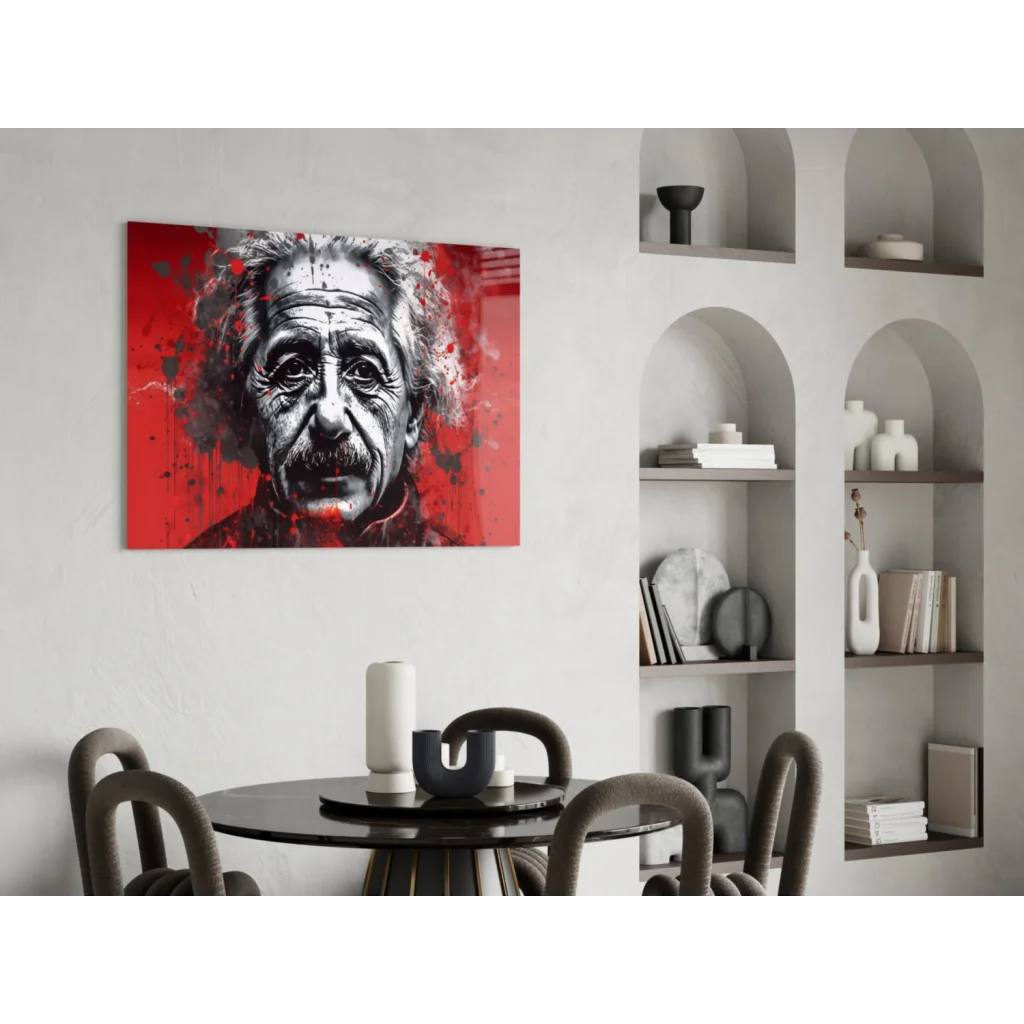 Bold red and black splatter portrait of Albert Einstein wall art