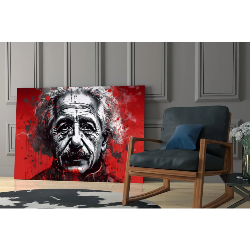 Bold red black Einstein splatter canvas wall art portrait