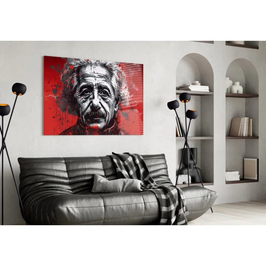 Bold red and black Einstein splatter canvas wall art portrait