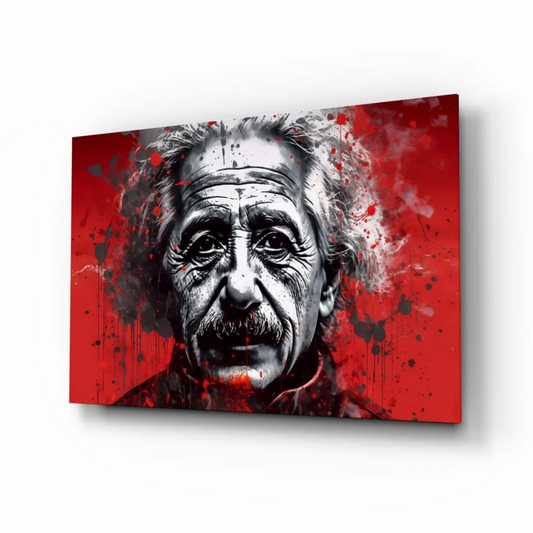 Bold red black splatter canvas wall art with grayscale Einstein portrait