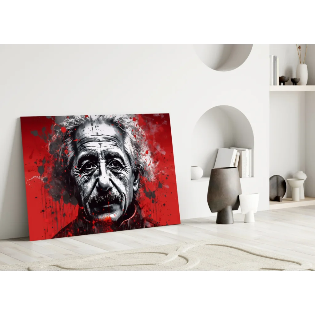 Bold red black Einstein splatter canvas wall art portrait