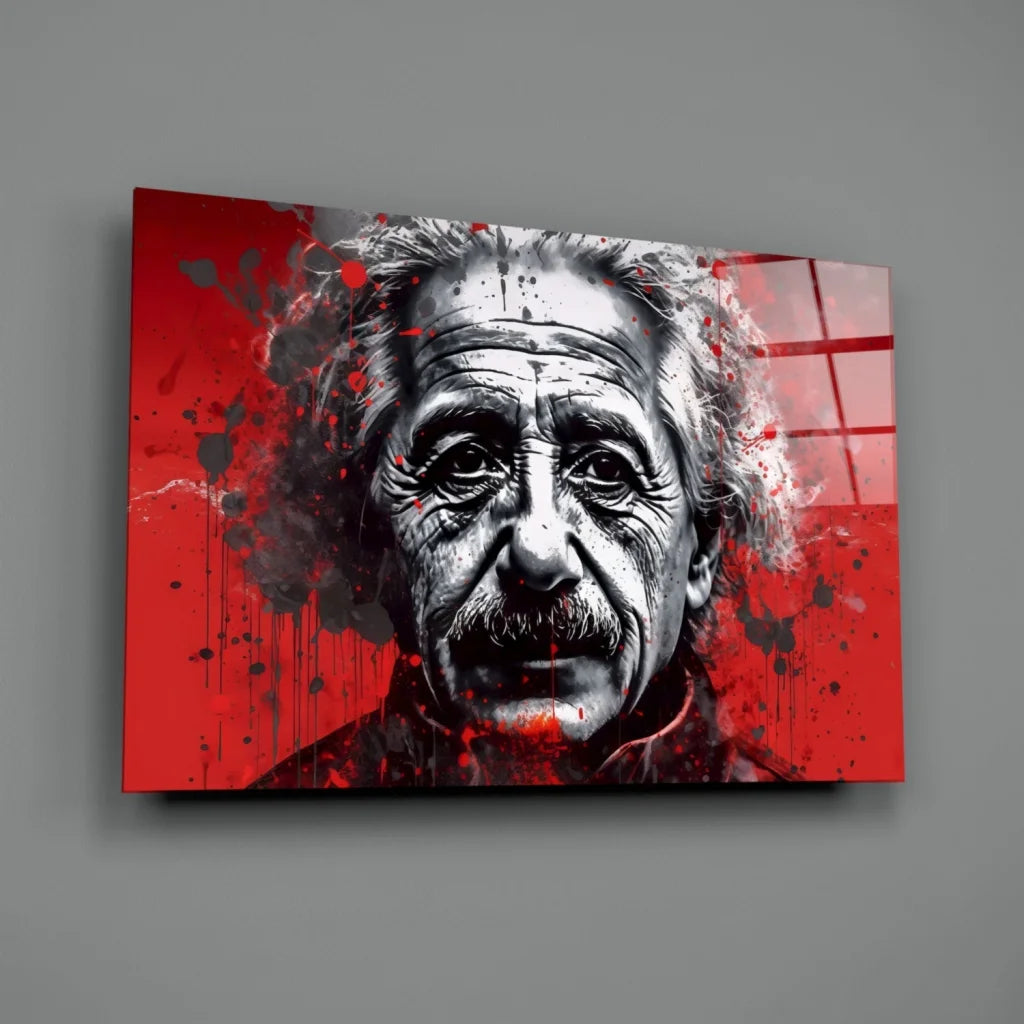 Striking black-and-white Einstein portrait with bold red splatter on canvas wall art