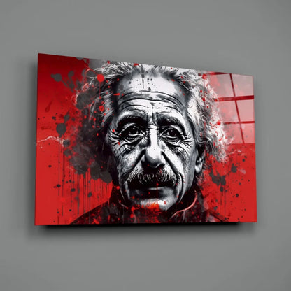 Striking black-and-white Einstein portrait with bold red splatter on canvas wall art