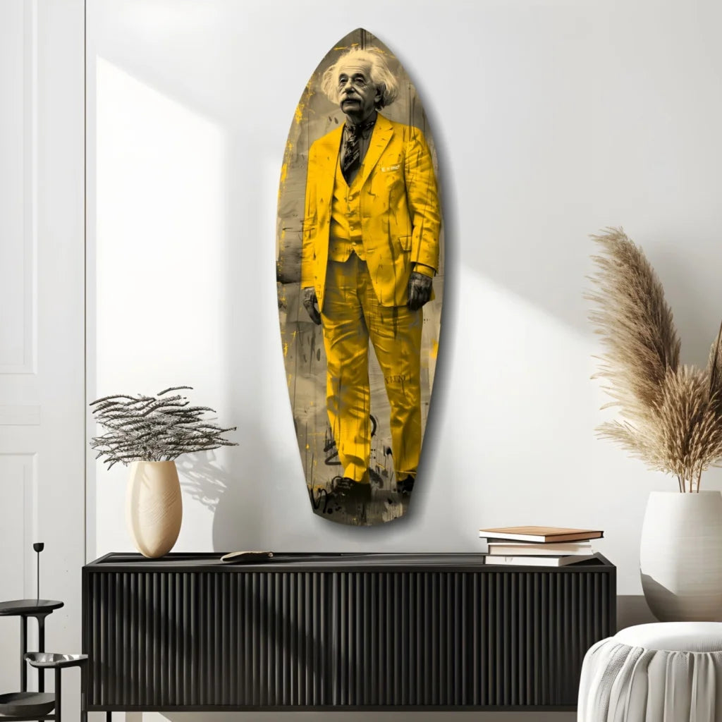 Vibrant yellow Einstein tempered glass art surfboard portrait