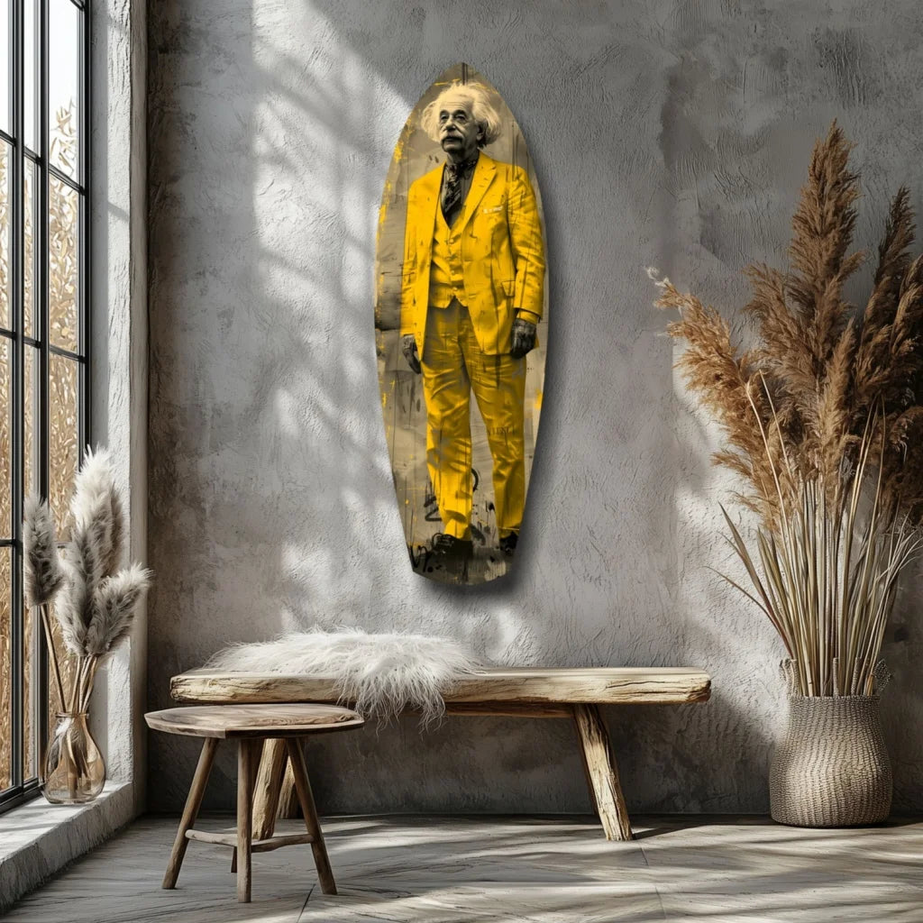 Vibrant Einstein in yellow suit on tempered glass art surfboard panel