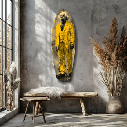 Vibrant Einstein in yellow suit on tempered glass art surfboard panel