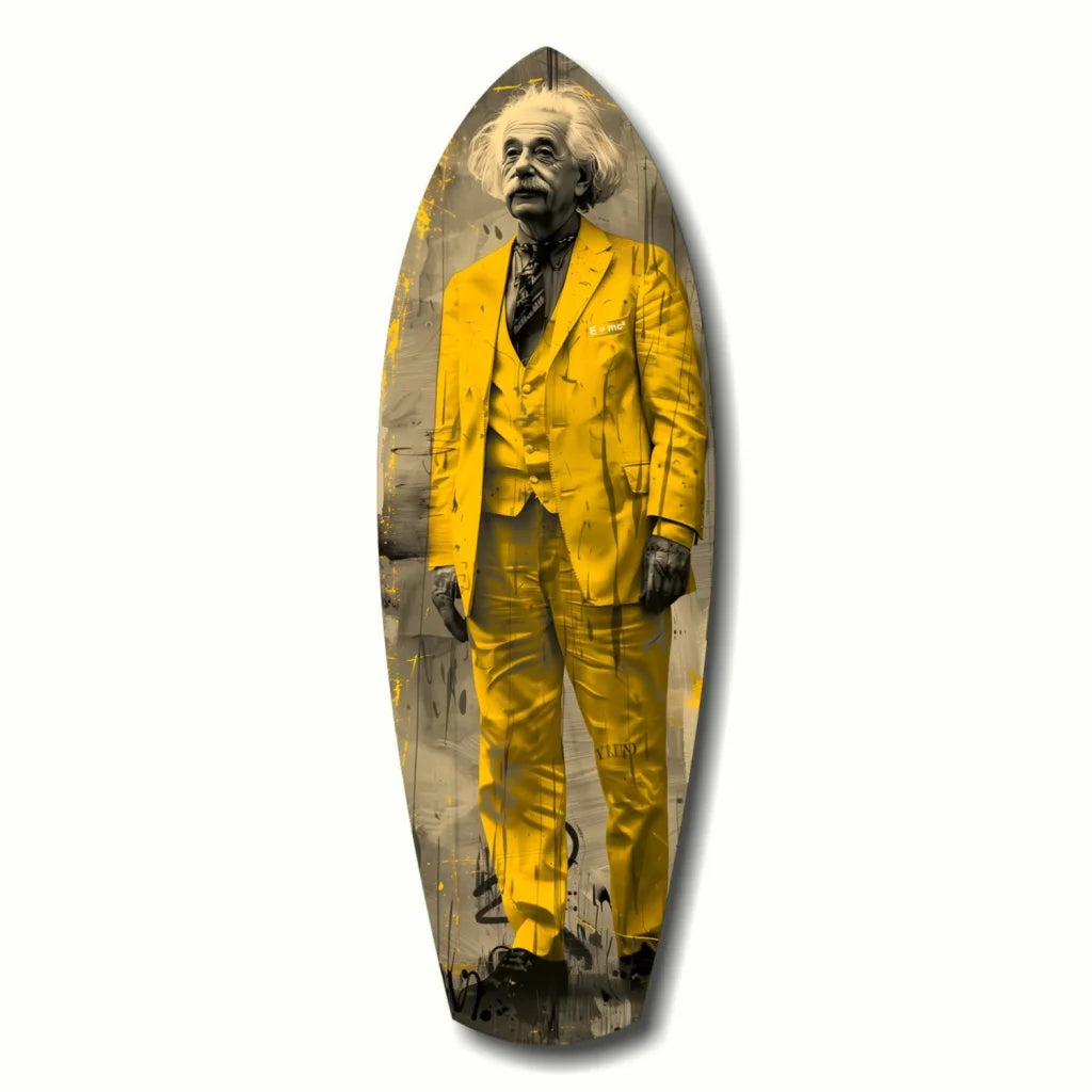 Vibrant Einstein portrait on tempered glass art surfboard in electric yellow