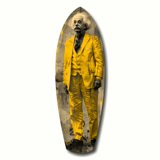 Vibrant Einstein portrait on tempered glass art surfboard in electric yellow