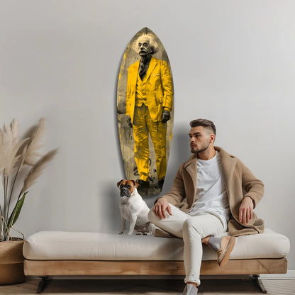 Vibrant Einstein surfboard tempered glass art in electric yellow