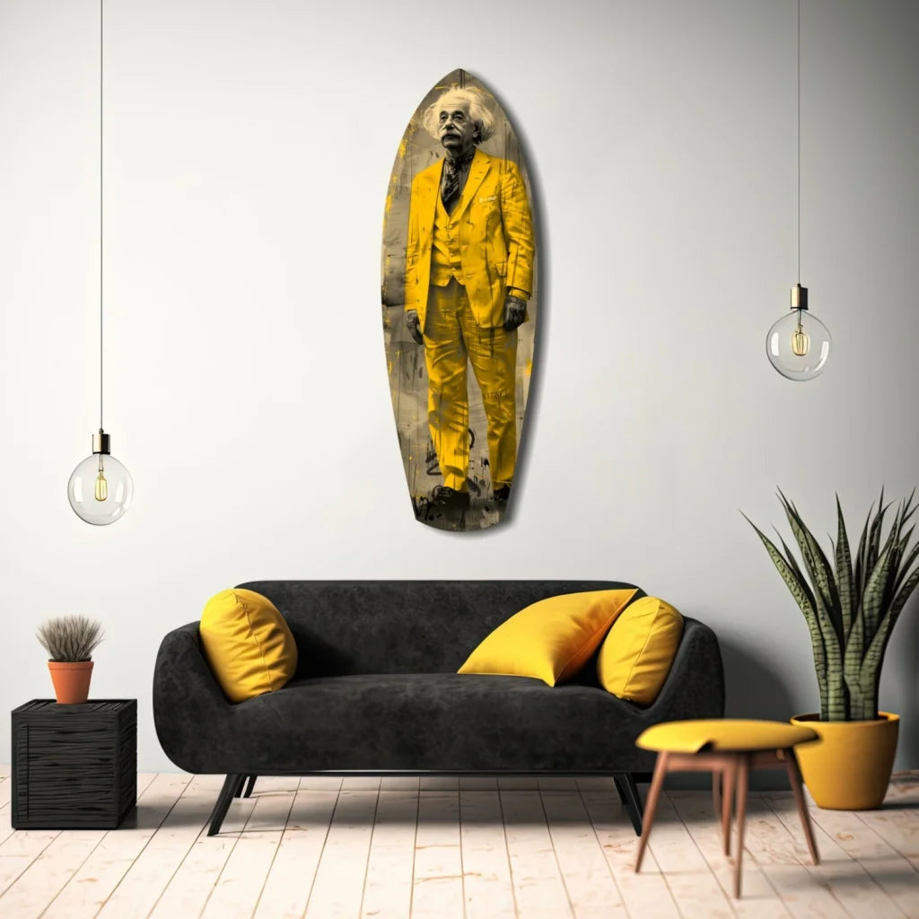 Vibrant electric yellow tempered glass art of Einstein on surfboard shape