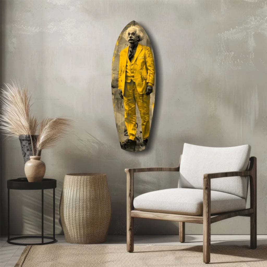 Vibrant yellow Einstein surfboard tempered glass art portrait