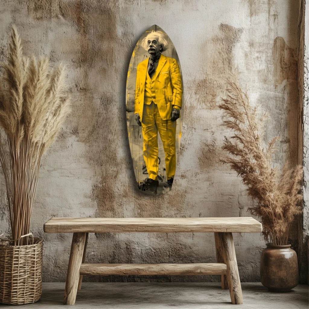 Vibrant yellow Einstein surfboard tempered glass art portrait