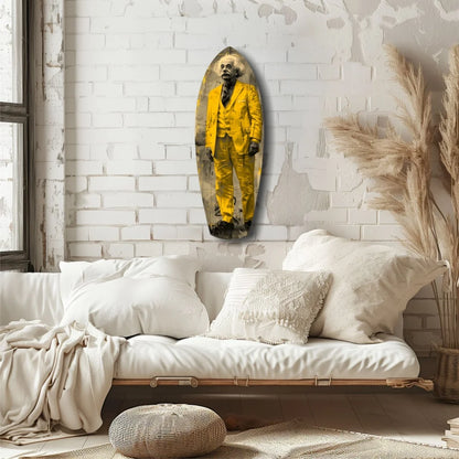 Vibrant electric yellow tempered glass art of Einstein on surfboard