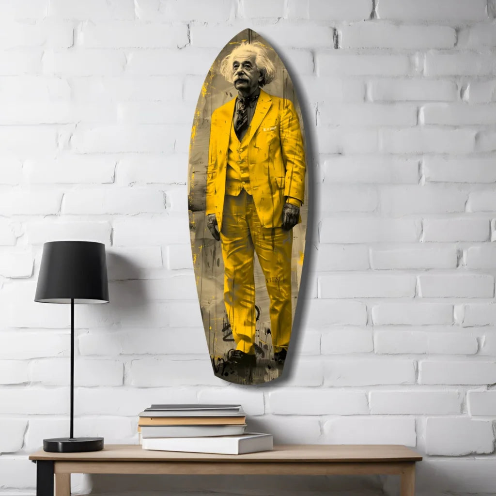 Vibrant yellow Einstein surfboard tempered glass art portrait