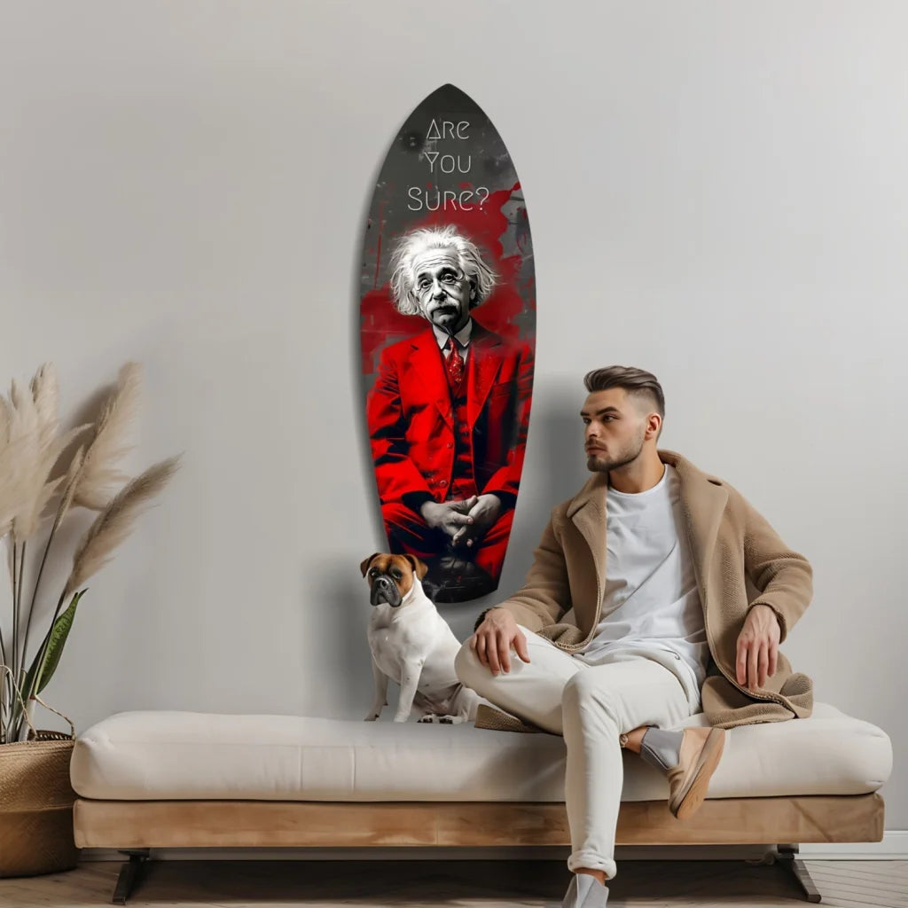 Red black Einstein surfboard tempered glass art with Are you sure text