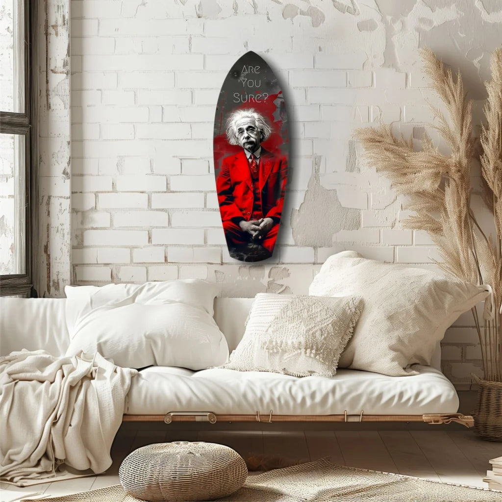 Bold red Einstein surfboard tempered glass art with size comparison
