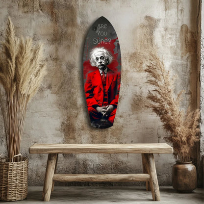 Red Albert Einstein on surfboard tempered glass art