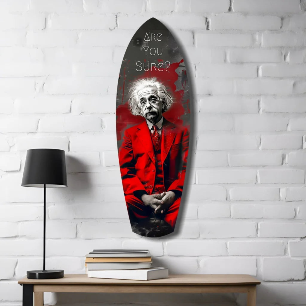 Red Einstein surfboard tempered glass art with Are You Sure? text