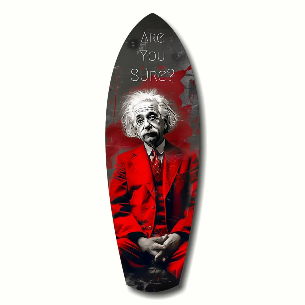 Bold red Einstein surfboard tempered glass art with size comparison