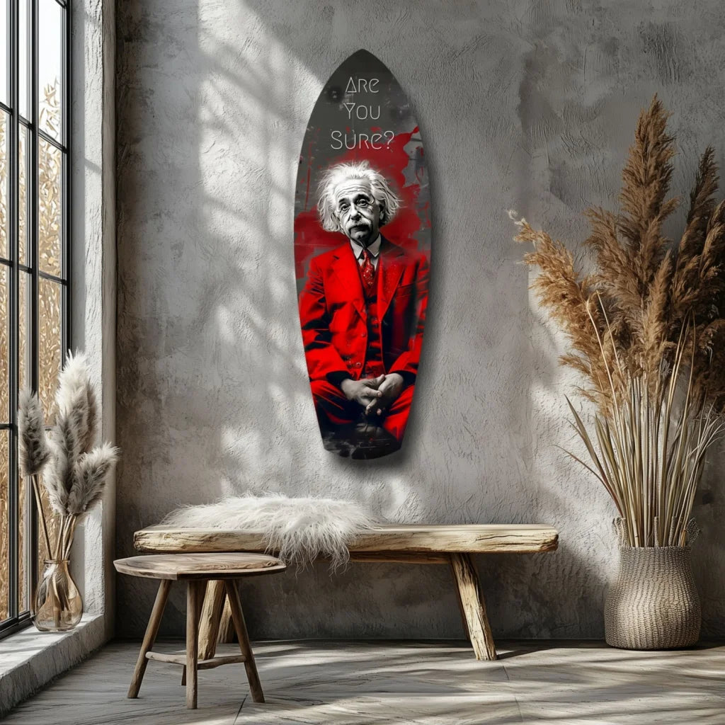 Bold red Einstein surfboard tempered glass art wall decor