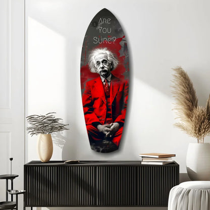 Einstein in red suit surfboard tempered glass art