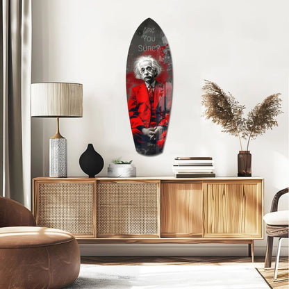 Einstein surfboard tempered glass art in bold red with black accents