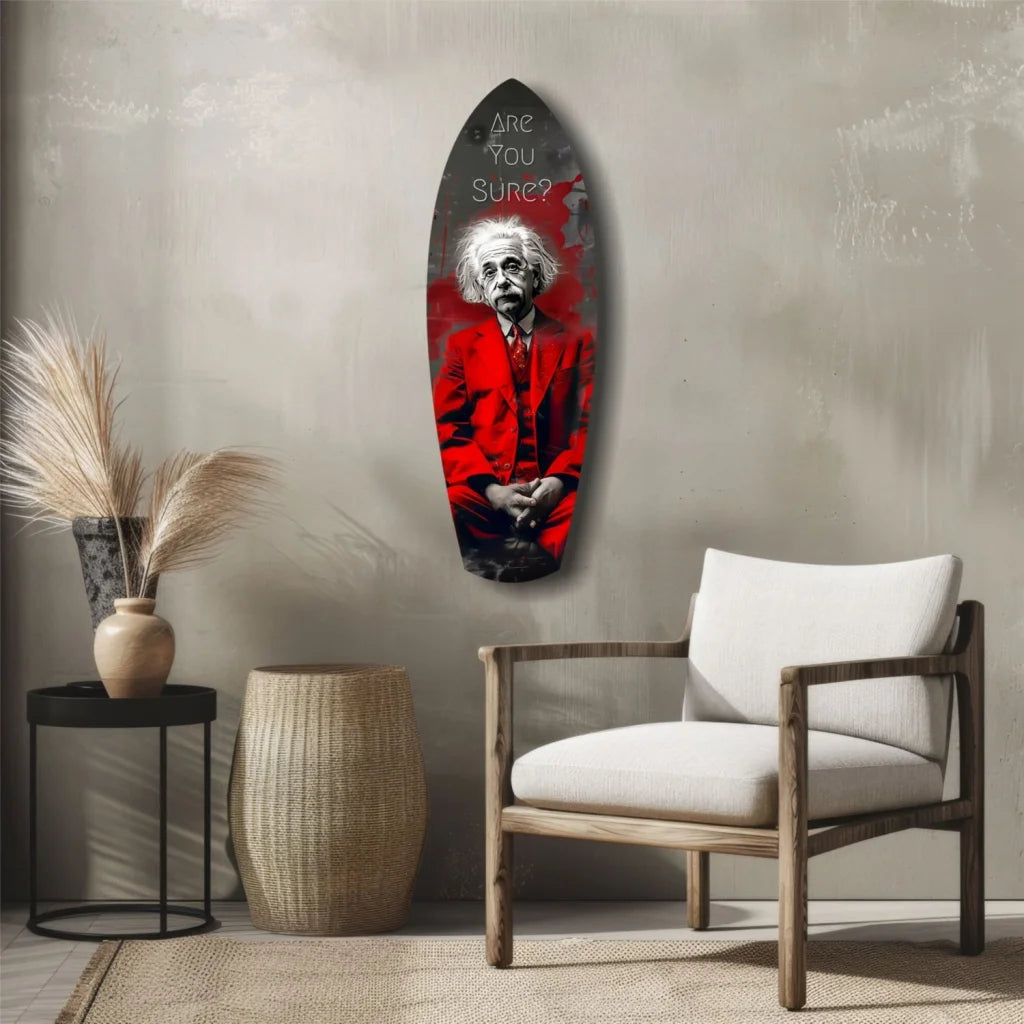 Bold red Einstein surfboard tempered glass art with Are You Sure text