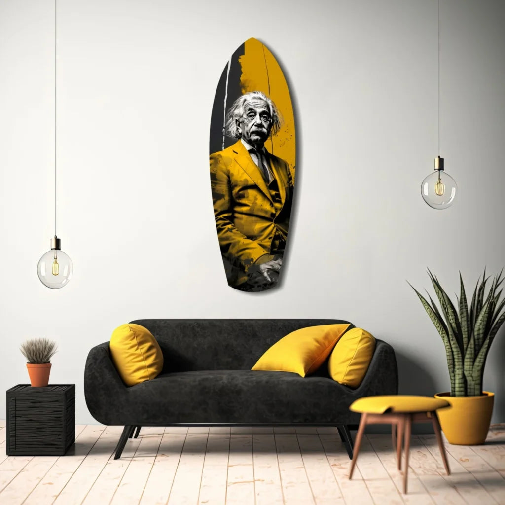 Vibrant yellow black tempered glass art of Einstein portrait on surfboard