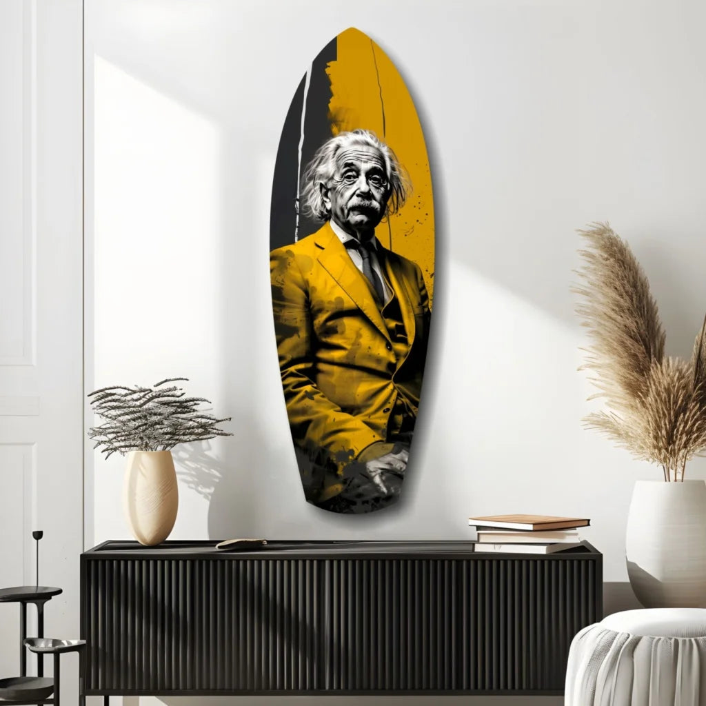 Bold yellow black Einstein surfboard tempered glass art