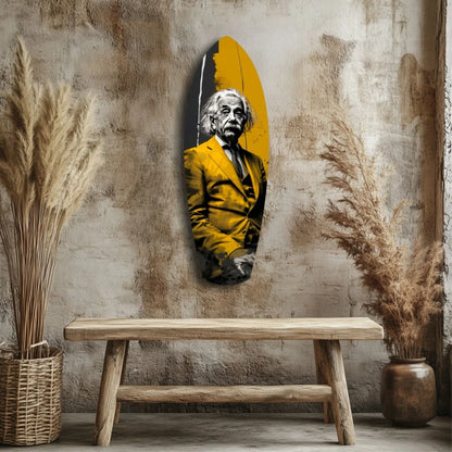 Vibrant Einstein in yellow suit on tempered glass surfboard art