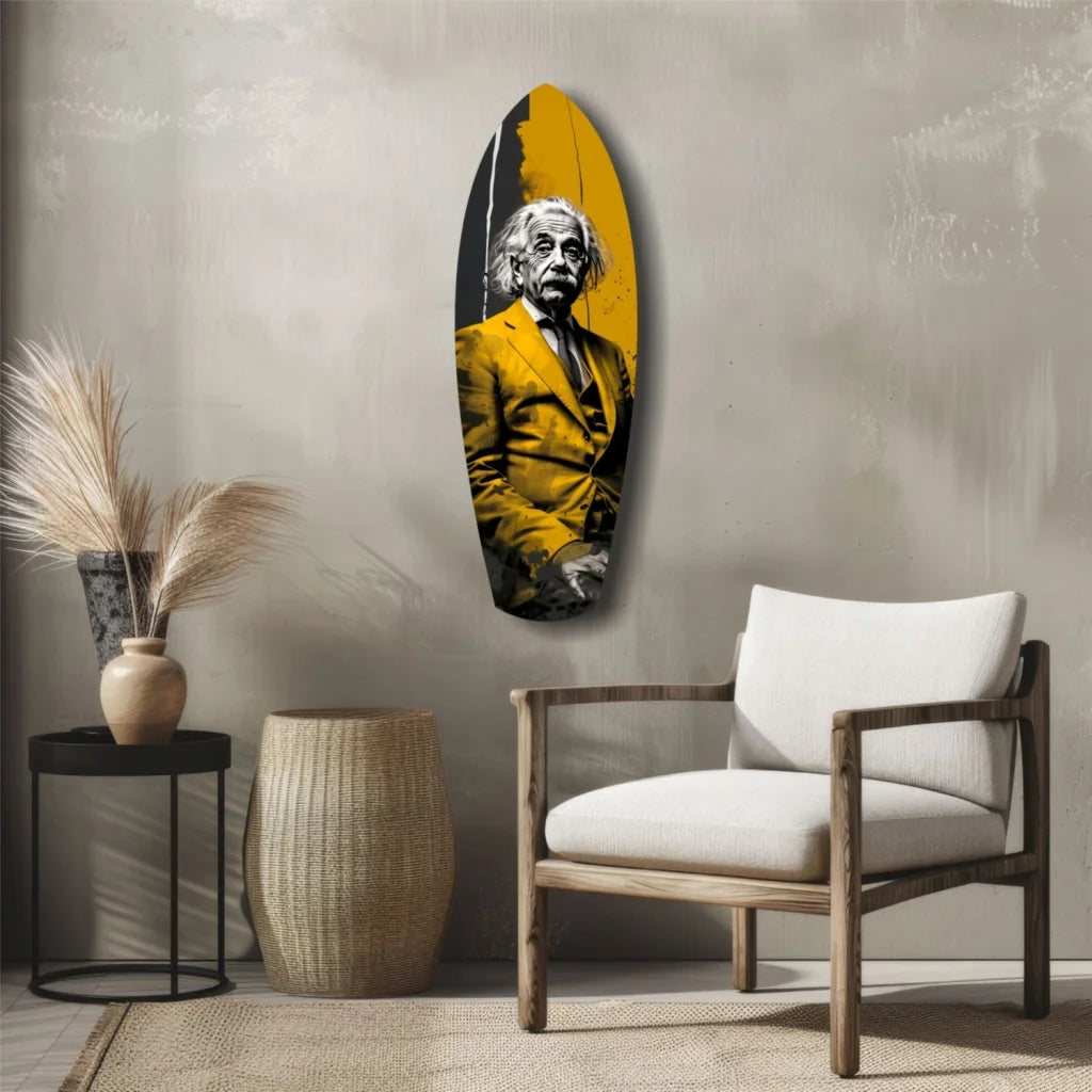 Vibrant yellow black Einstein surfboard tempered glass art