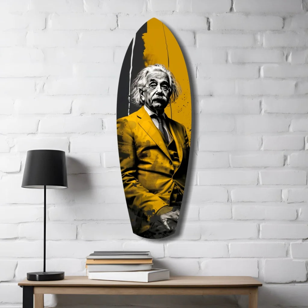 Einstein surfboard tempered glass art in bold yellow suit on black background