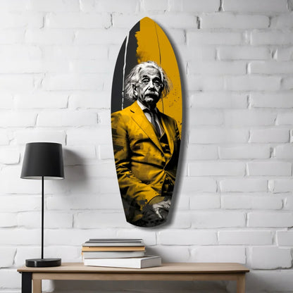 Einstein surfboard tempered glass art in bold yellow suit on black background