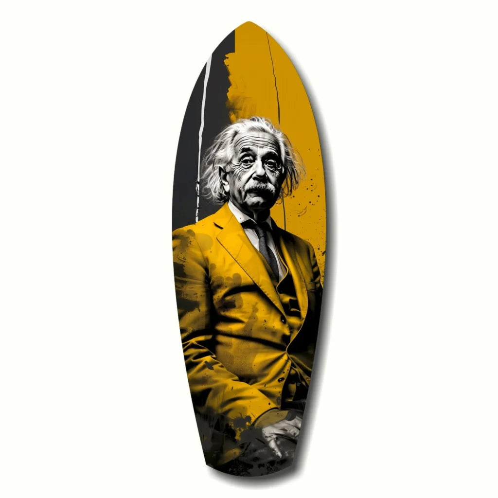 Einstein surfboard tempered glass art in bold yellow and black