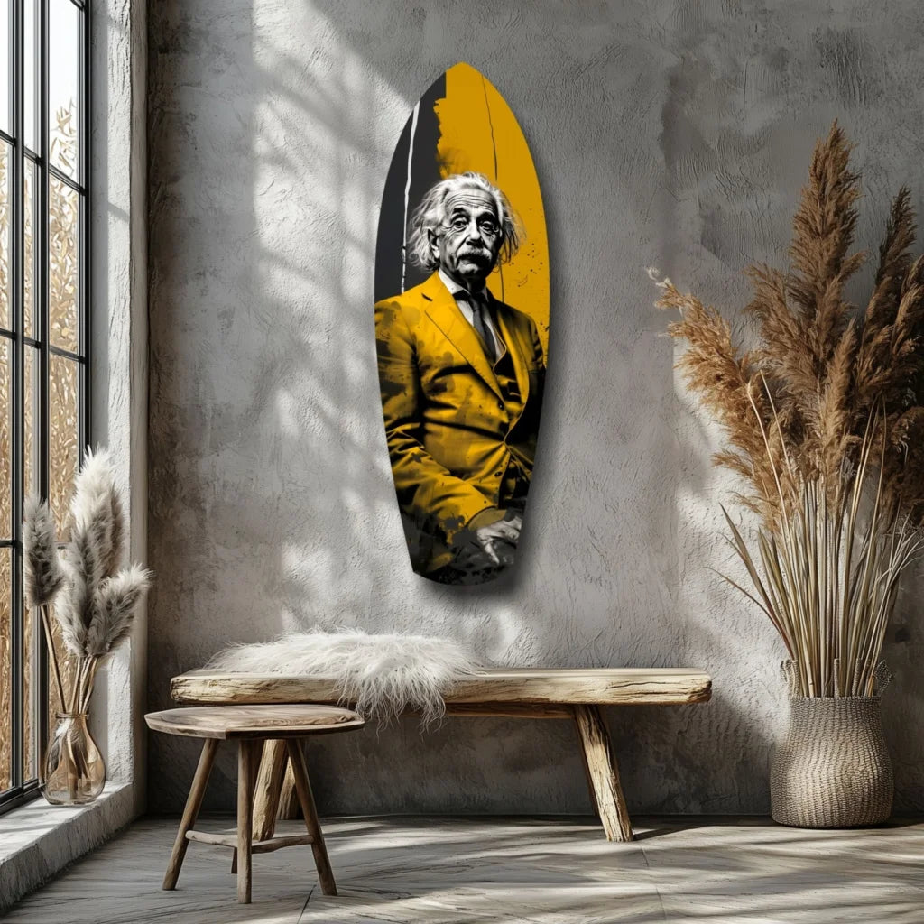 Vibrant Einstein portrait on yellow black surfboard tempered glass art