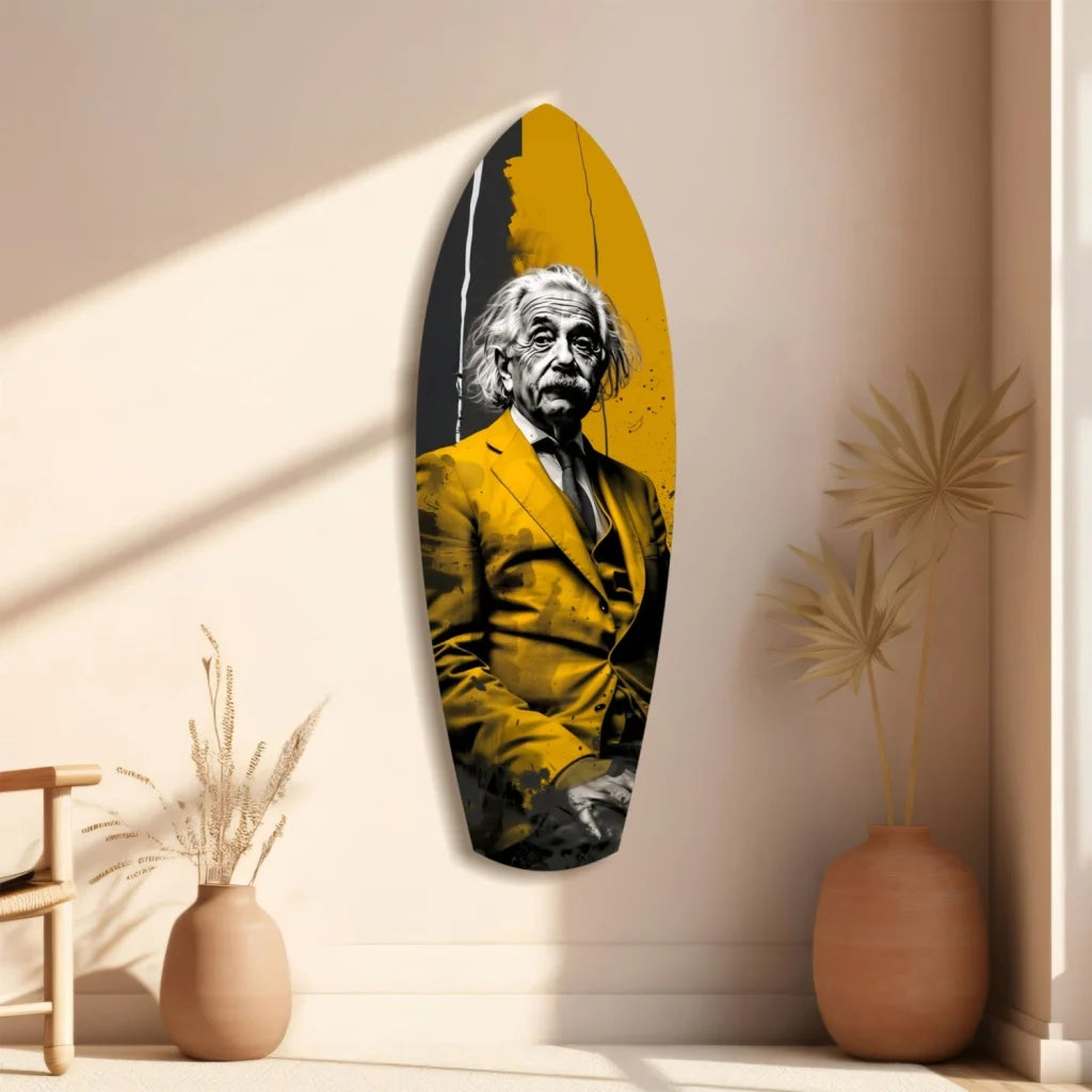 Vibrant yellow black Einstein surfboard tempered glass art